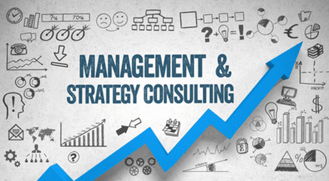 A blue and white graphic with the words management & strategy consulting written in front of it.